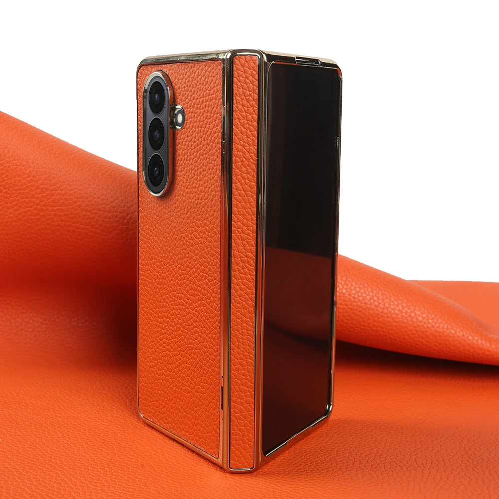 Lychee Genuine Leather Case For Samsung Galaxy Z Fold 7 6 5 4 3 phone Cover Fold7 Fold5 Fold6 fold4 fold3 Cases Funda Para Coque