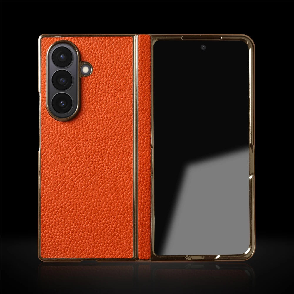Lychee Genuine Leather Case For Samsung Galaxy Z Fold 7 6 5 4 3 phone Cover Fold7 Fold5 Fold6 fold4 fold3 Cases Funda Para Coque