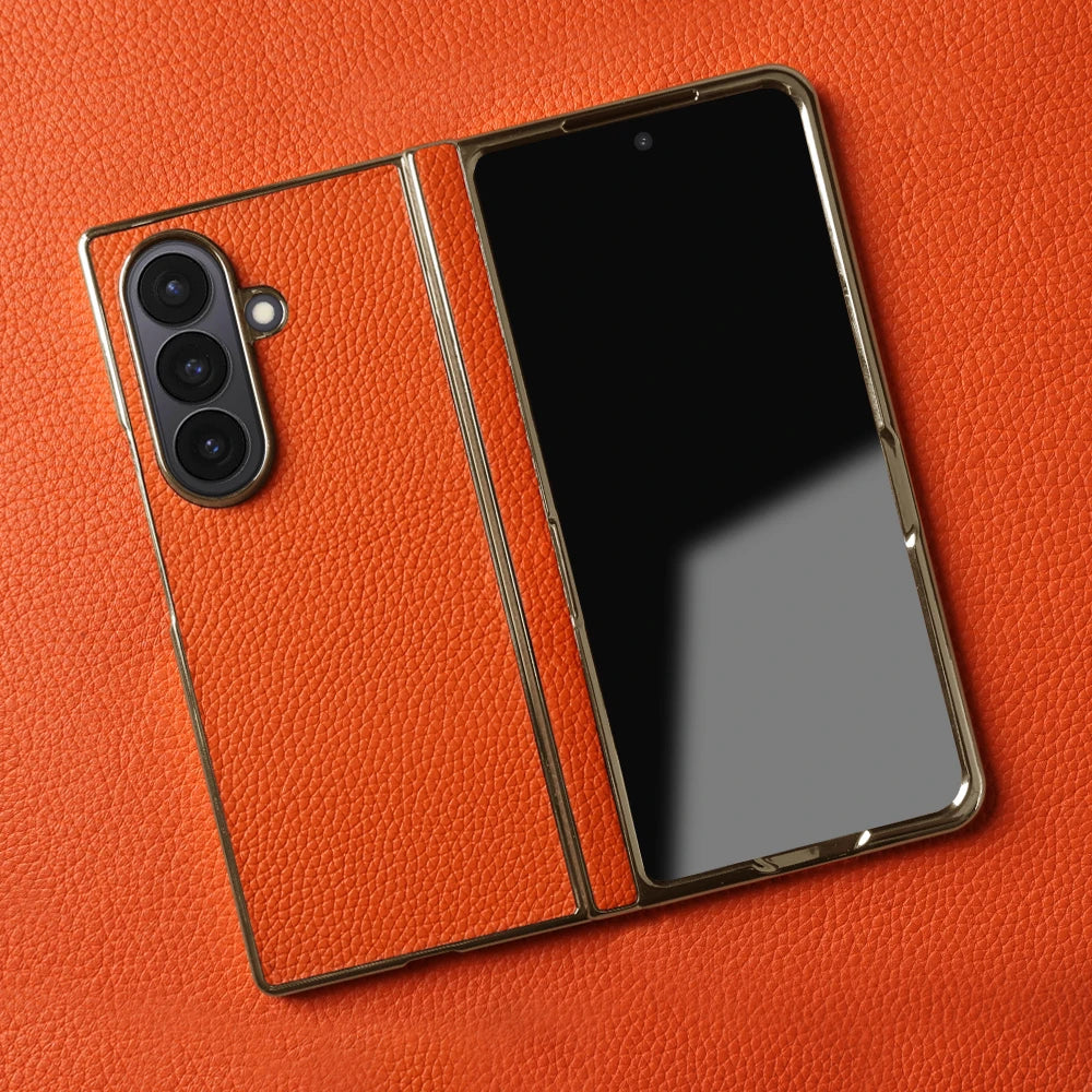 Lychee Genuine Leather Case For Samsung Galaxy Z Fold 7 6 5 4 3 phone Cover Fold7 Fold5 Fold6 fold4 fold3 Cases Funda Para Coque