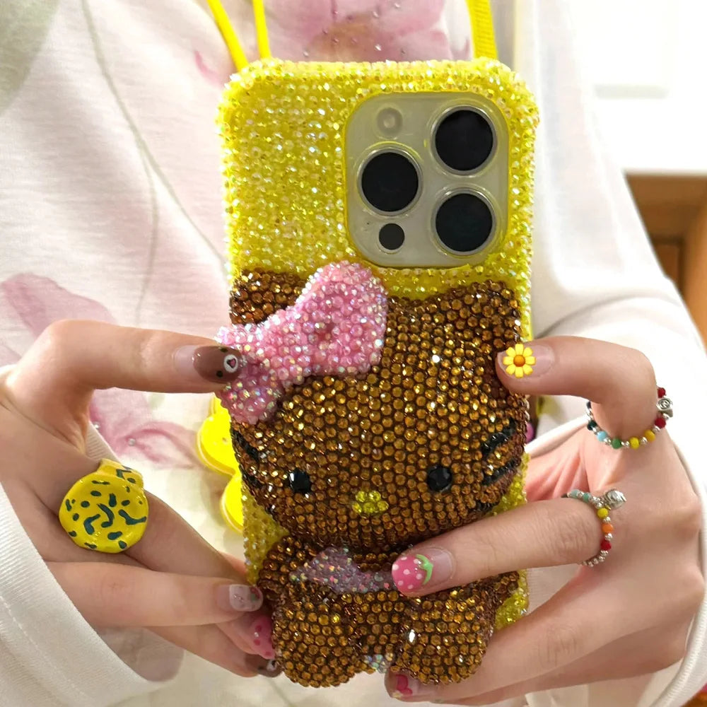 Christmas Hello Kitty Rhinestone Crystal Phone Case Chain For iPhone17 16 15 14 13 12 11Pro Max X Xs XR 7 8 Plus Transparent