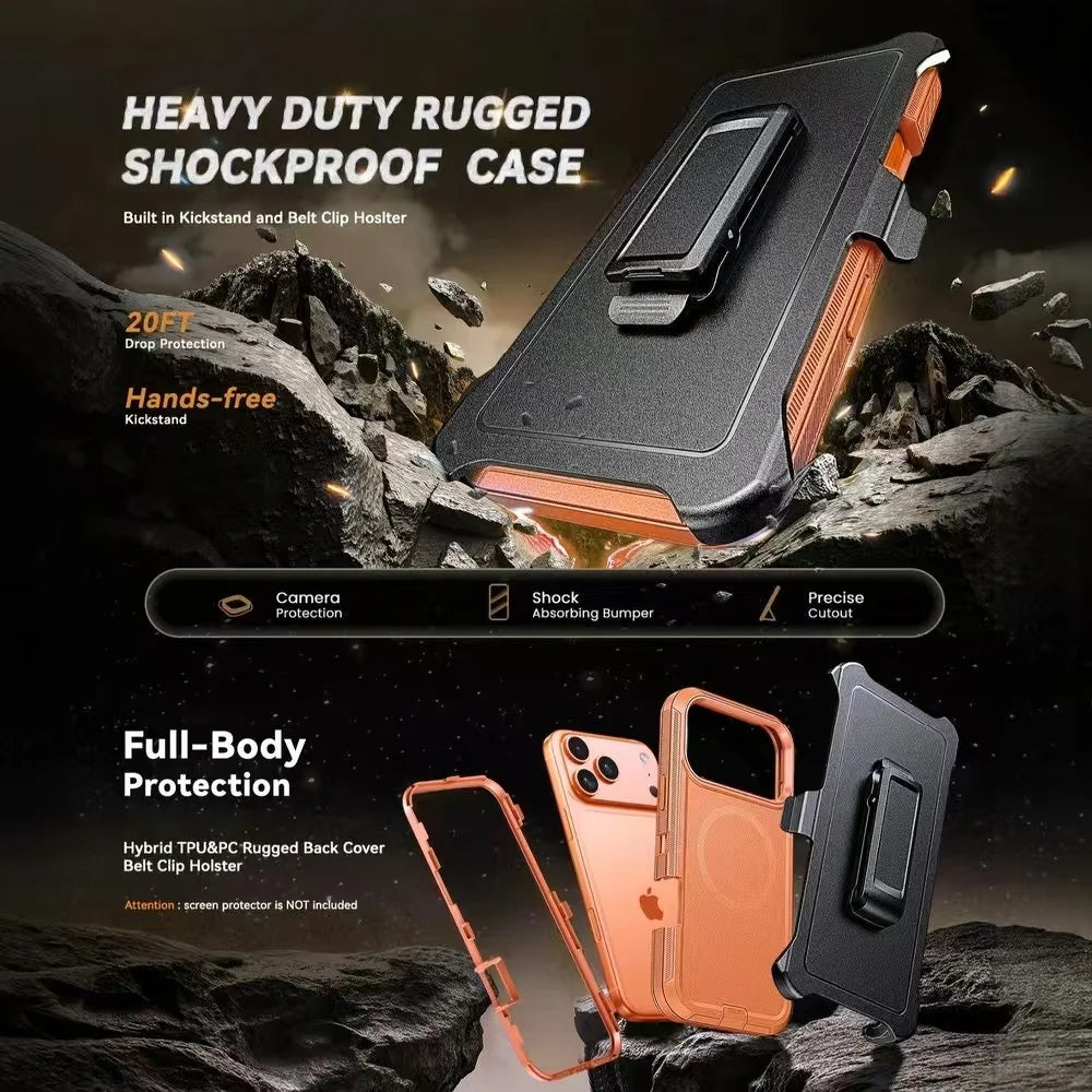 Heavy Duty Rugged Case For iPhone 11 12 13 14 15 16 17 Pro Max Plus Belt Clip Magnetic Wireless Charging Shockproof Cover